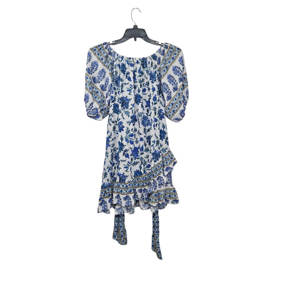 Nicole Miller Artelier Blue Floral Peasant Mini Dress Ruffle Puff Sleeves Small